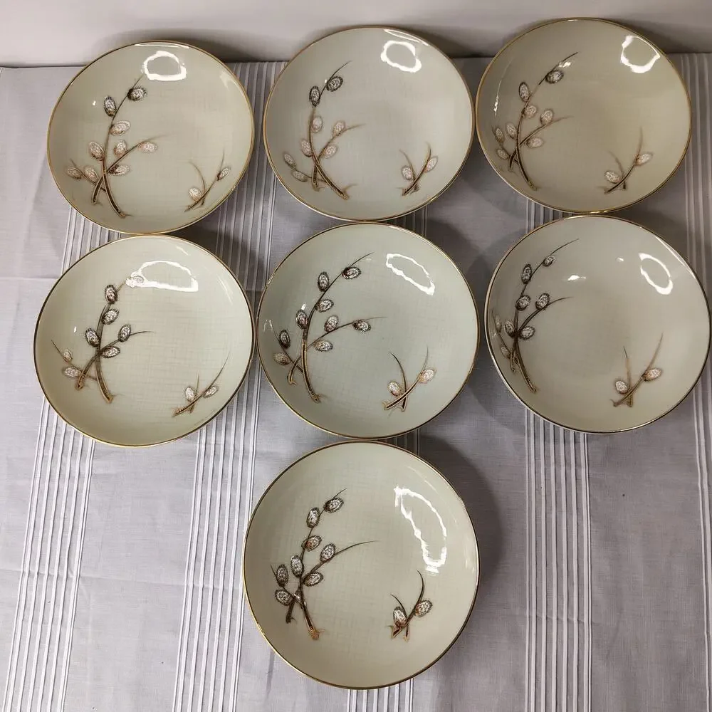 Texture Japan Cat Willow Set of 7 Sauce / Fruit Bowls Gold Trim Asian Vintage
